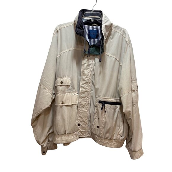 Men’s VTG Towncraft XL Beige Bomber Jacket Elastic Hem Multiple Pockets Hood - Picture 8 of 12